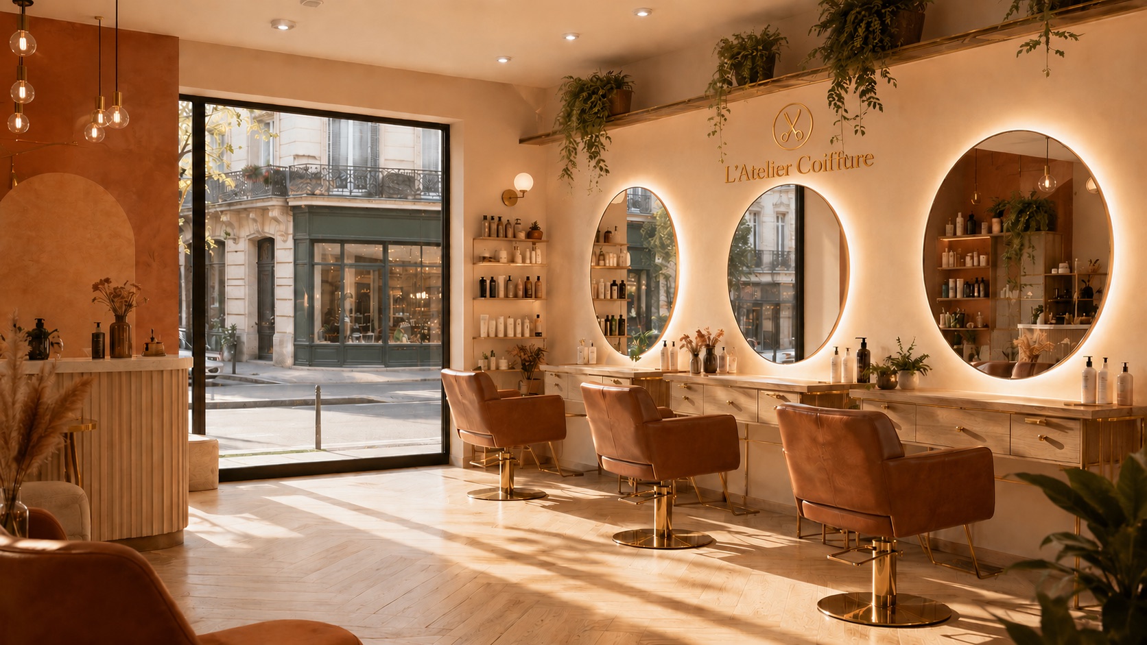 Intérieur chaleureux du salon L'Atelier Coiffure : fauteuils cognac, miroirs ronds rétroéclairés, plantes suspendues.