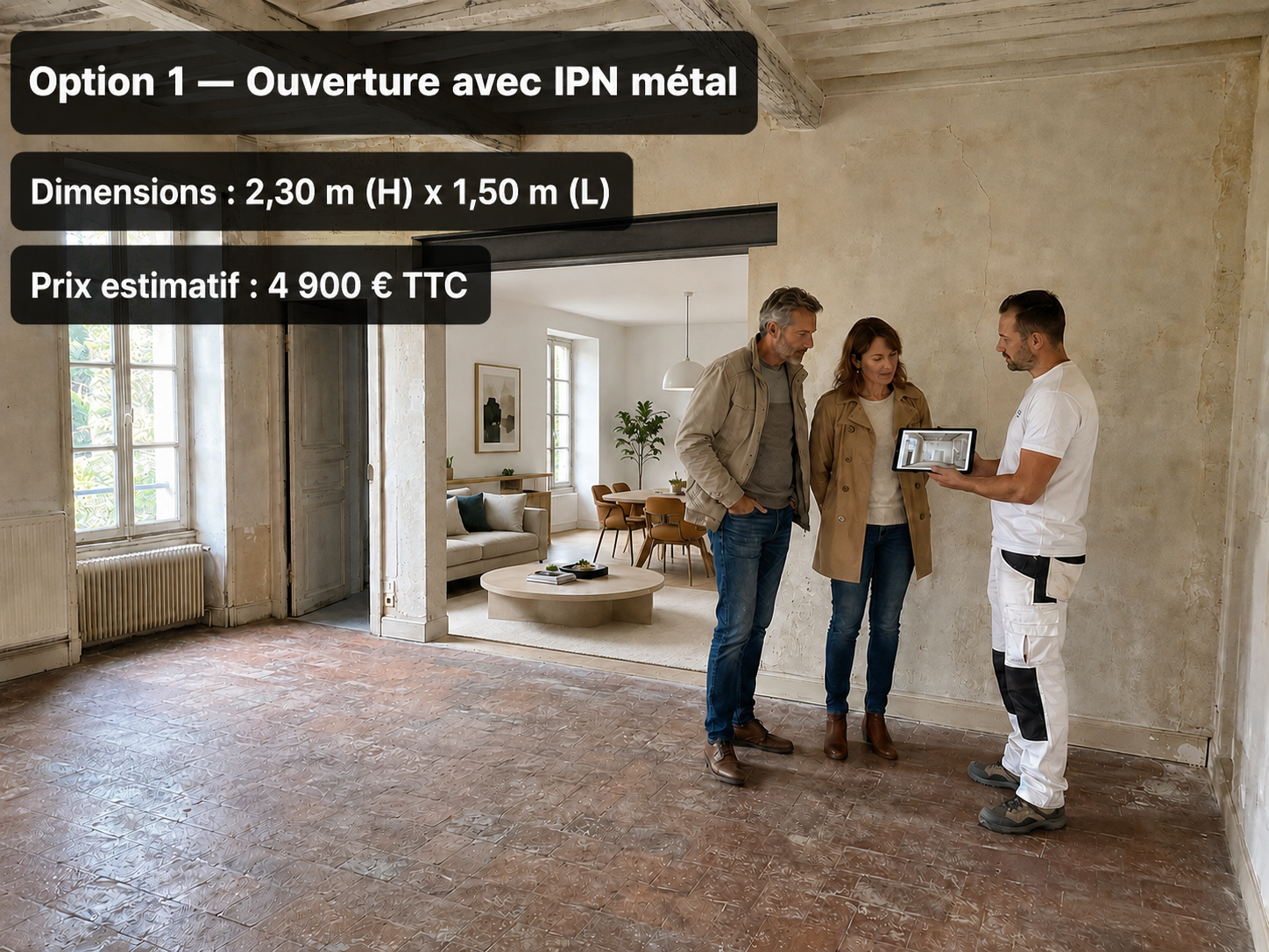 Option 1, ouverture avec IPN métal en 1,50 m de largeur