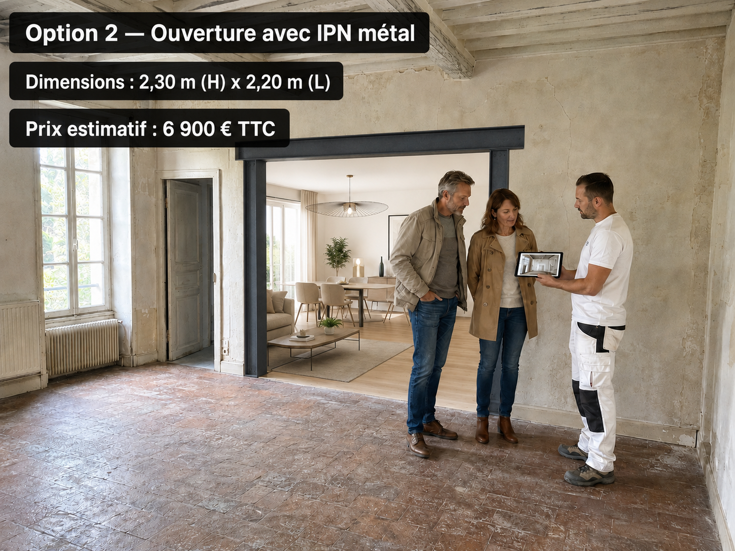 Option 2, ouverture avec IPN métal en 2,20 m de largeur