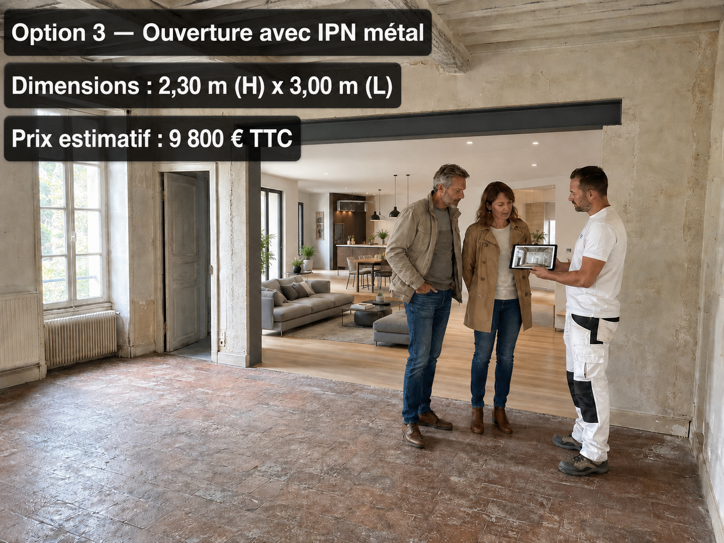 Option 3, grande ouverture avec IPN métal en 3,00 m de largeur